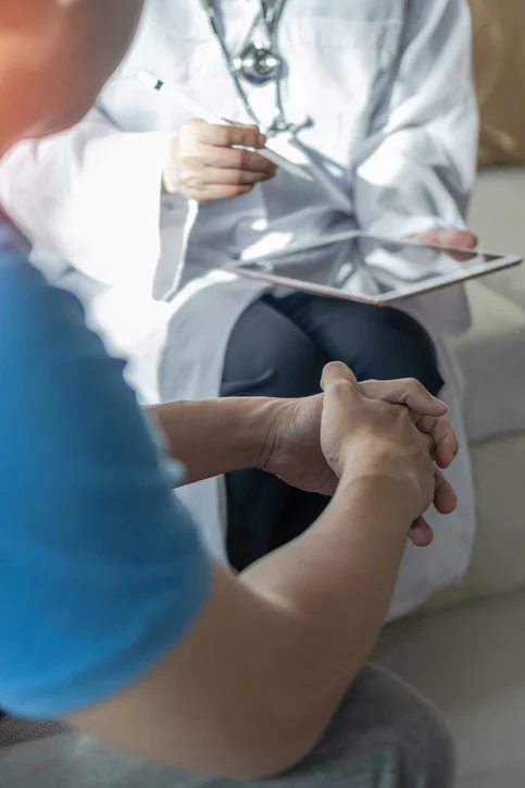Men's health disease, on prostate cancer or mental illness concept with male patient having consultation with doctor or psychiatrist working on diagnostic examination in medical clinic or hospital